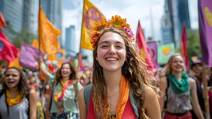Joyful Young Woman at Colorful Parade Celebrating Diversity and Inclusion with Vibrant Flags in Urban Setting Under Bright Blue Sky