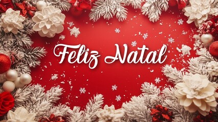 Elegant Christmas Background with Feliz Natal Wish in Portuguese, Featuring Festive Holiday Decor and Cheerful Seasonal Spirit