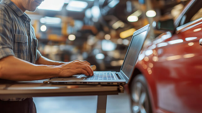 Auto mechanic diagnosing car engine using laptop with special program. Car repair service center. Support car insurance service. Close-up view.