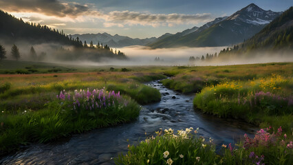 
A mountain river winds through the forest, surrounded by breathtaking nature. The misty springtime sunrise casts a golden glow over the scene