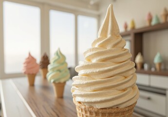 Ice cream in waffle cones inside a modern ice cream shop. Dessert and food concept for posters and banners.