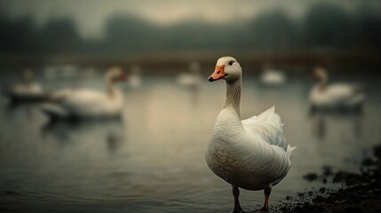 A serene white goose stands gracefully at the water's edge, surrounded by a misty lake and softly lit by the fading light.