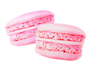 Watercolor illustration of pink macarons with detailed texture and vibrant color. Isolated clip art is perfect for bakery branding, dessert menus, food-related designs, greeting cards, party projects