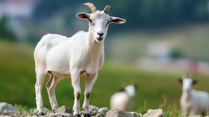 Obraz premium A curious white goat stands on rocky terrain, surrounded by a blurred green background.