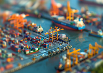 Obraz premium miniature model of a seaport with freight ships