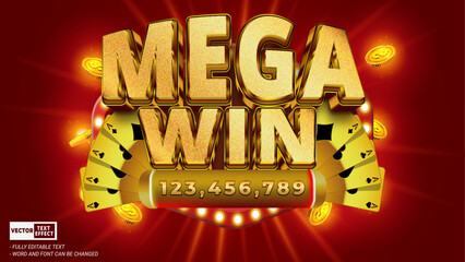 Mega win casino vegas editable 3d vector text style effect template with gold poker card and slot machine on red background