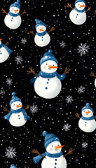 Fototapeta premium Fun snowmen with scarves dancing in the snow. Colorful snowmen with blue scarves and hats fill a dark background, surrounded by snowflakes and a winter atmosphere.