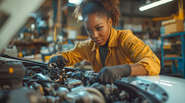 African-american female car mechanic has skills in repairing and diagnostics automotive engines in a car workshop. Car repair service center.