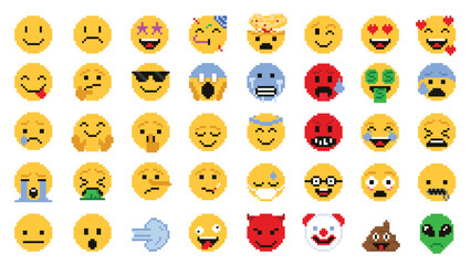 Pixel art emoji. Pixelated emoticon face with different facial expressions, retro arcade game 8 bit emotions and digital messaging smile faces isolated vector icons set.