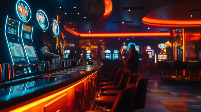 A sleek casino bar with glowing slot machines, plush seating, and neon signage. Sophisticated atmosphere in a high-end gaming lounge at night.