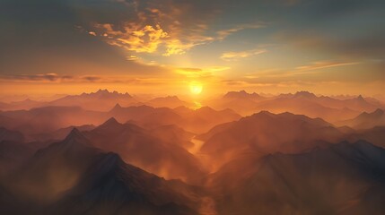 Naklejka premium A stunning sunrise over a range of mountains, with the first light of day illuminating the peaks and valleys in a golden glow