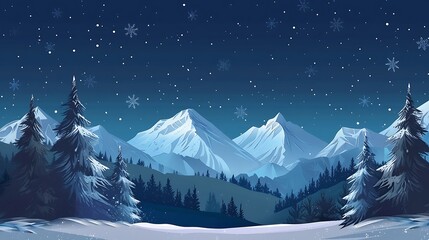 A tranquil winter mountain scene with snow-covered trees and peaks, under a clear, starry night sky
