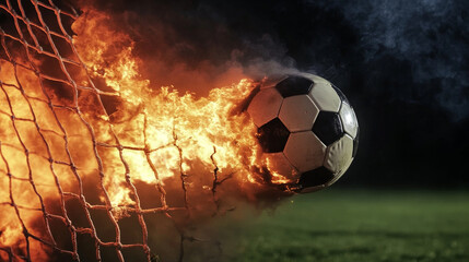 A soccer ball flies into the goal, engulfed in flames and smoke against the backdrop of green grass. 