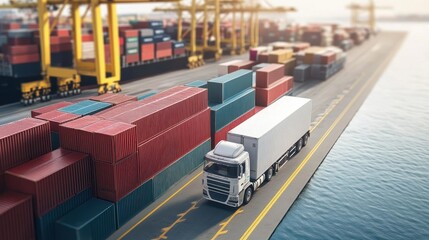 Bustling Container Port with Cargo Ships and Trucks Transporting Goods
