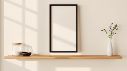 Minimalistic Shelf Display with Empty Frame, Decorative Vases, and Natural Light