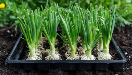 Obraz premium Bright green onions sprouting from rich soil, showcasing the beauty of fresh ingredients and nature's bounty.