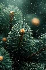 Snowflakes gently falling on green pine branches during a winter scene