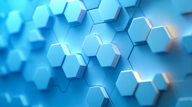 Blue hexagon pattern with glowing accents in a modern design setting showcasing geometric shapes and depth
