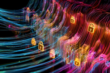 Stream of data lines flowing securely with lock icons representing encrypted communicationhigh quailty image