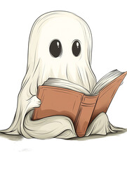 A ghost reading a book, isolated on a transparent background, perfect for Halloween, spooky, or whimsical-themed designs.