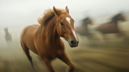 Fototapeta premium A spirited brown horse gallops through a misty field, surrounded by blurred figures of other horses in motion.
