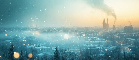 Obraz premium Snowy city winter sunrise landscape.