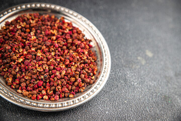 Sichuan pepper spice pepper peas fresh tasty food gourmet food background on the table rustic food top view copy space
