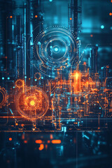 Obraz premium A cybernetic factory icon with digital gears and real-time data streams, symbolizing automation, smart production, and industrial technology. 