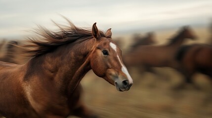 Obraz premium A powerful brown horse gallops freely through a wild landscape, mane flowing in the wind, embodying freedom and grace.