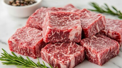 Fototapeta premium Fresh Raw Marbled Beef Steak Pieces Ready for Cooking with Aromatic Herbs and Spices on a Light Stone Background