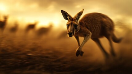 A kangaroo leaps gracefully across a golden landscape, capturing the essence of the wild at dusk.