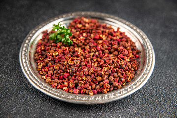 Sichuan pepper spice pepper peas fresh tasty food gourmet food background on the table rustic food top view copy space