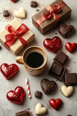 Romantic Valentine's Day scene with chocolates, coffee, and gifts on a table