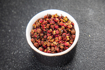 Sichuan pepper spice pepper peas fresh tasty food gourmet food background on the table rustic food top view copy space