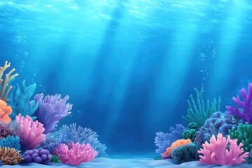 Naklejka premium Vibrant underwater scene showcasing colorful coral reefs and marine life in a serene blue environment.