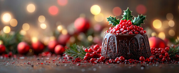Berry and green holiday dessert centerpiece. A rich chocolate dessert topped with cranberries and holly, surrounded by festive decor and twinkling lights.