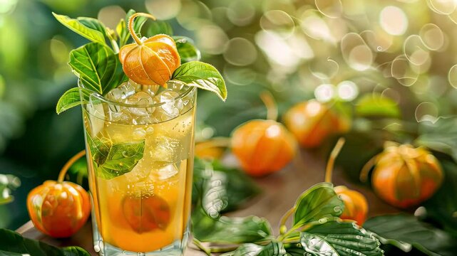 cool cocktail with physalis on the table. Selective focus