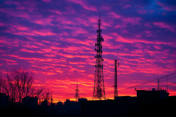 Towering communication towers silhouetted against a vibrant sunsethigh quailty image