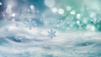Snowflakes Scattered Across a Dreamy Snowy Landscape with Icy Blue and Turquoise Background, Shimmering Frost-Like Texture, and Magical Bokeh Highlights