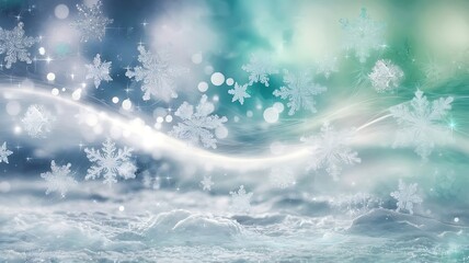 Snowflakes Scattered Across a Dreamy Snowy Landscape with Icy Blue and Turquoise Background, Shimmering Frost-Like Texture, and Magical Bokeh Highlights
