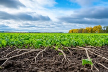 A close-up view of vibrant green crops with visible roots in fertile soil under a cloudy sky.