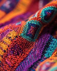 Obraz premium A vivid close-up of a colorful textile displaying intricate patterns and textures, representing cultural artistry.