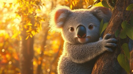 Fototapeta premium Adorable koala joey clinging to a tree trunk at sunset.