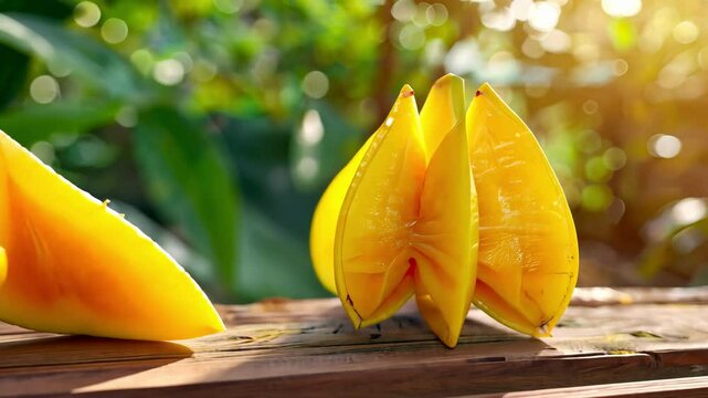 cool cocktail with carambola on the table. Selective focus