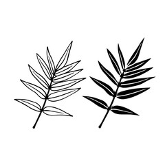Linear sketch, stamp, silhouette of leaves. Simple botanical elements. Vector graphics.