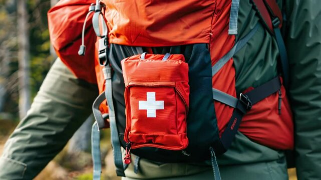 first aid kit on the background of the forest. Selective focus
