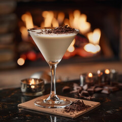 White Chocolatini Cocktail with chocolate shavings, cozy atmosphere,  blazing fireplace in background.