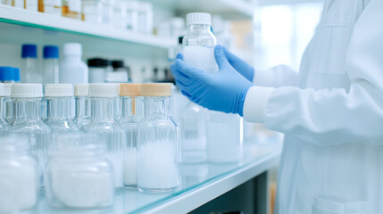 Fototapeta premium Scientist studying lab samples. A scientist in a lab coat and gloves is examining glass containers filled with white powders on a shelf.