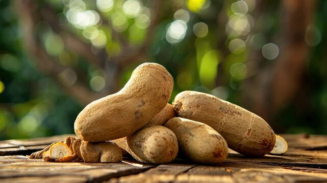 tamarind fruits on a wooden table. Selective focus