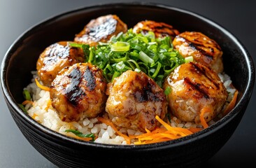 A hearty bowl of grilled meatballs served atop rice, garnished with fresh vegetables, embodying comfort food at its best.